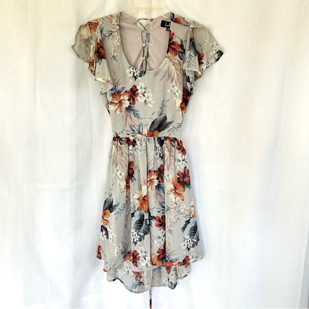 Lulus La Brea Grey Floral Print Backless Lace-Up Dress Medium